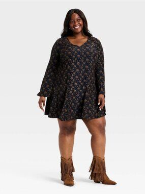 New Women's Bell Long Sleeve Godet Mini A-Line Dress- Women's Plus 1X